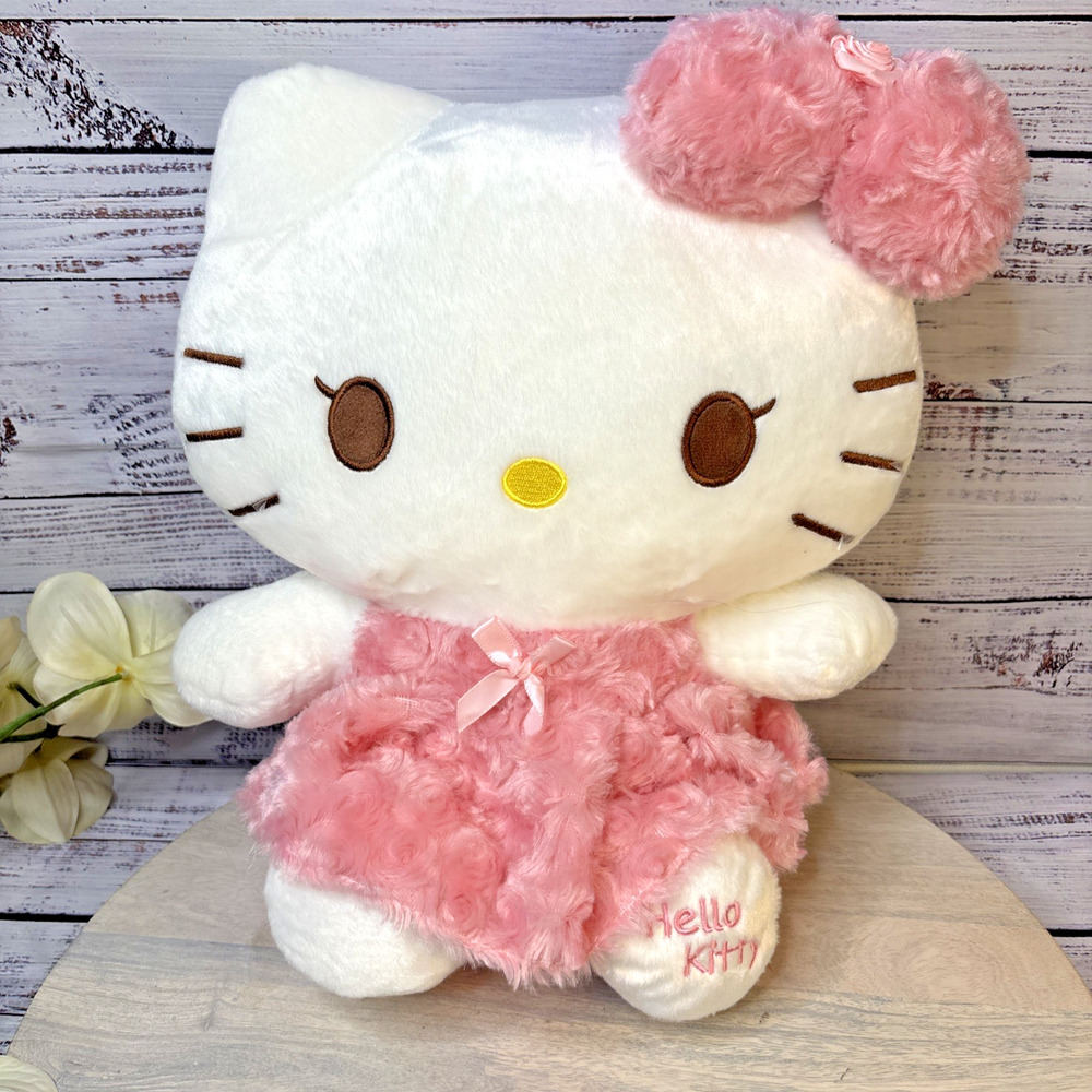 Hello Kitty Plush Doll Pink Textured Rosette Dress & Bow Soft Cuddle Toy
